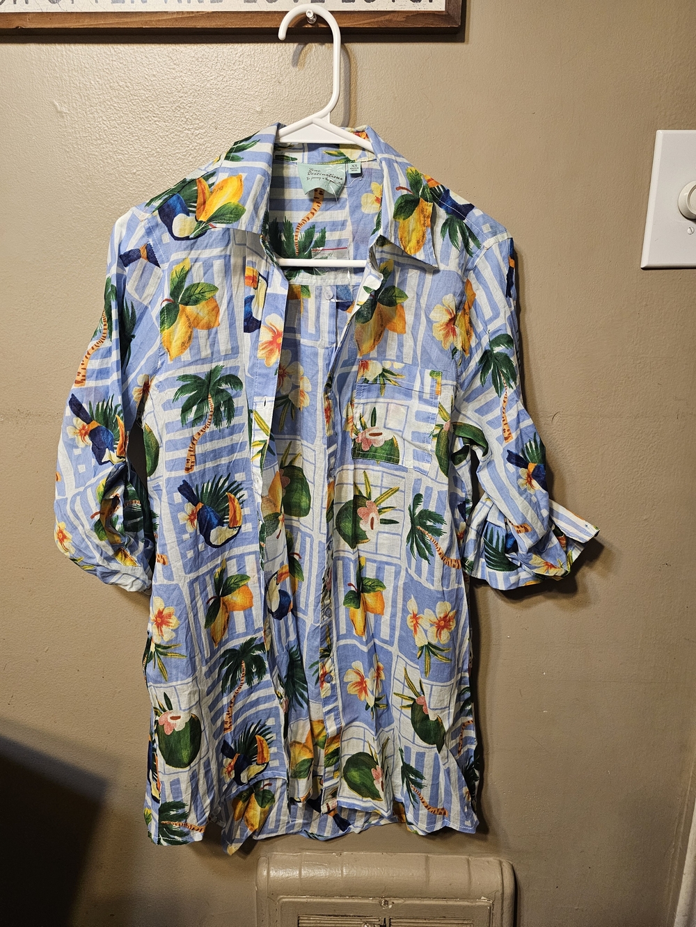 Womens  Blue Tropical Short-Sleeve Button-Down Shirtdress